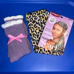 NEW Red by Kiss Multi Purpose Satin Wrap Scarf *NEW purple fuzzy socks included